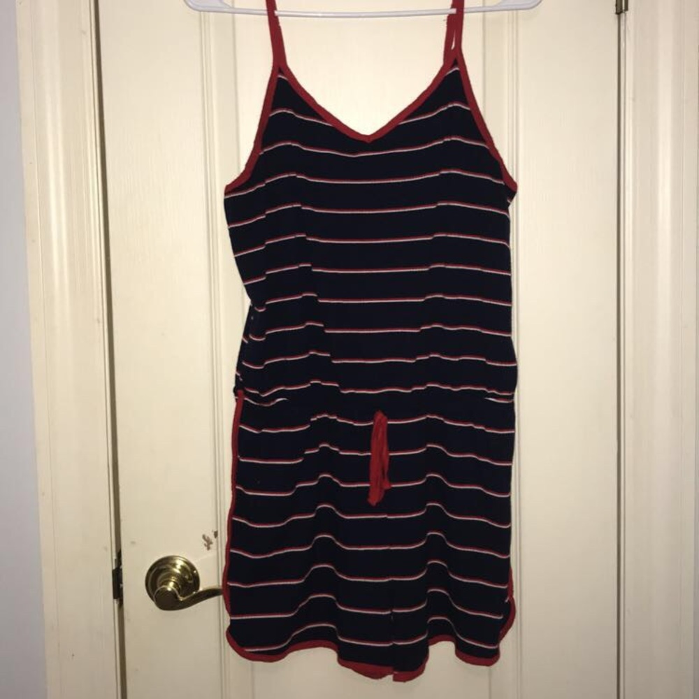 Navy Striped Romper with Decorative Tie Waist